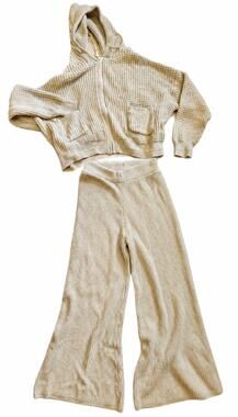 Sincerely Jules Waffle Knit 2 Piece Cream Hoodie Wide Leg Pants Set Medium VGUC